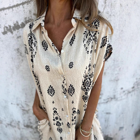 Printed Sleeveless Beach Shirt Dress – Linen Blend