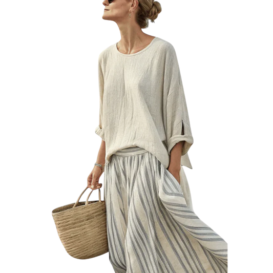 אורסין | חולצה קלילה וחצאית מידי מפוספסת