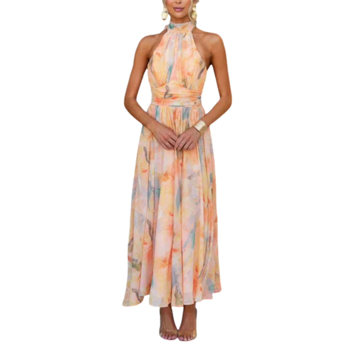 שמלת מקסי עם הדפס בצבעי מים ורצועות צווארון