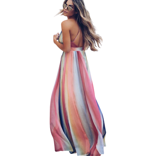 שמלה צבעונית מפוספסת עם מחשוף