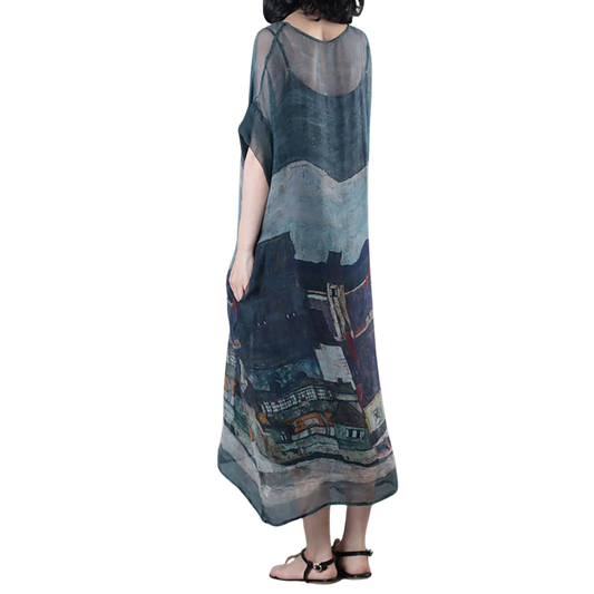 שמלת מקסי שקופה בהדפס קו רקיע עירוני