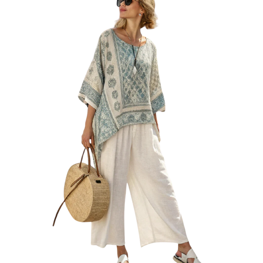 נופר | סט טופ מודפס ומכנסיים רחבים לבנים