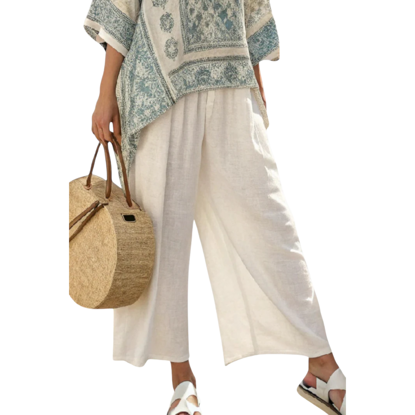 נופר | סט טופ מודפס ומכנסיים רחבים לבנים