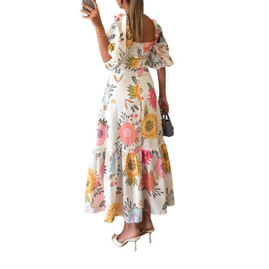 מרסלין שמלת מידי עם שרוולי פאפ ועליונית פרחונית