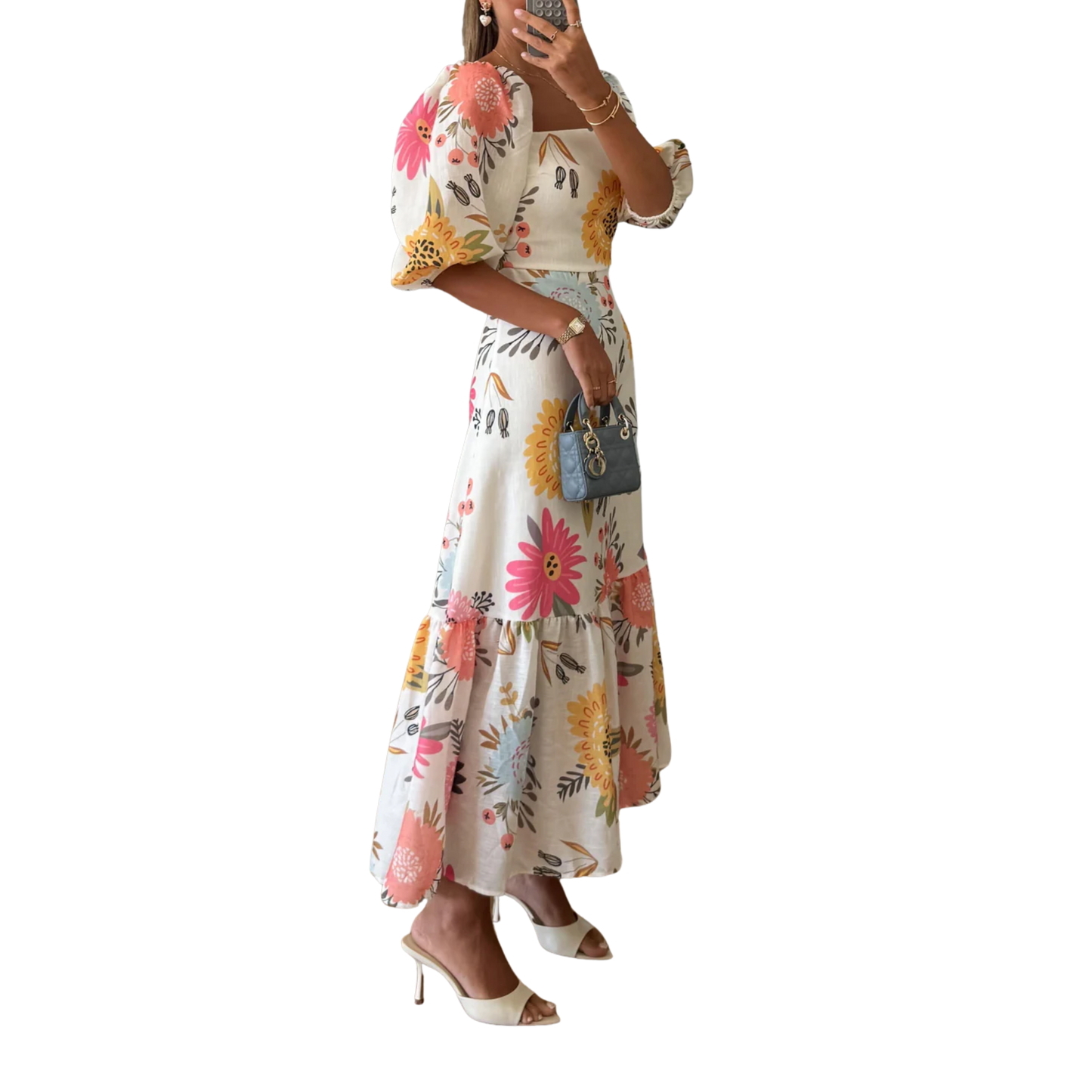 מרסלין שמלת מידי עם שרוולי פאפ ועליונית פרחונית