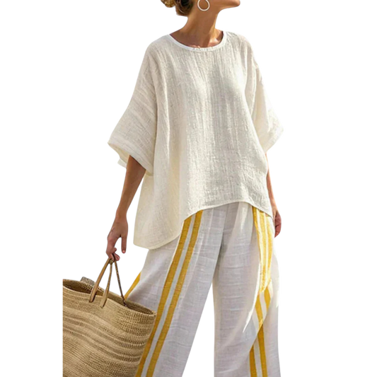 איילה | טופ פשתן פסים צהובים אלגנטי ומכנסיים רחבים