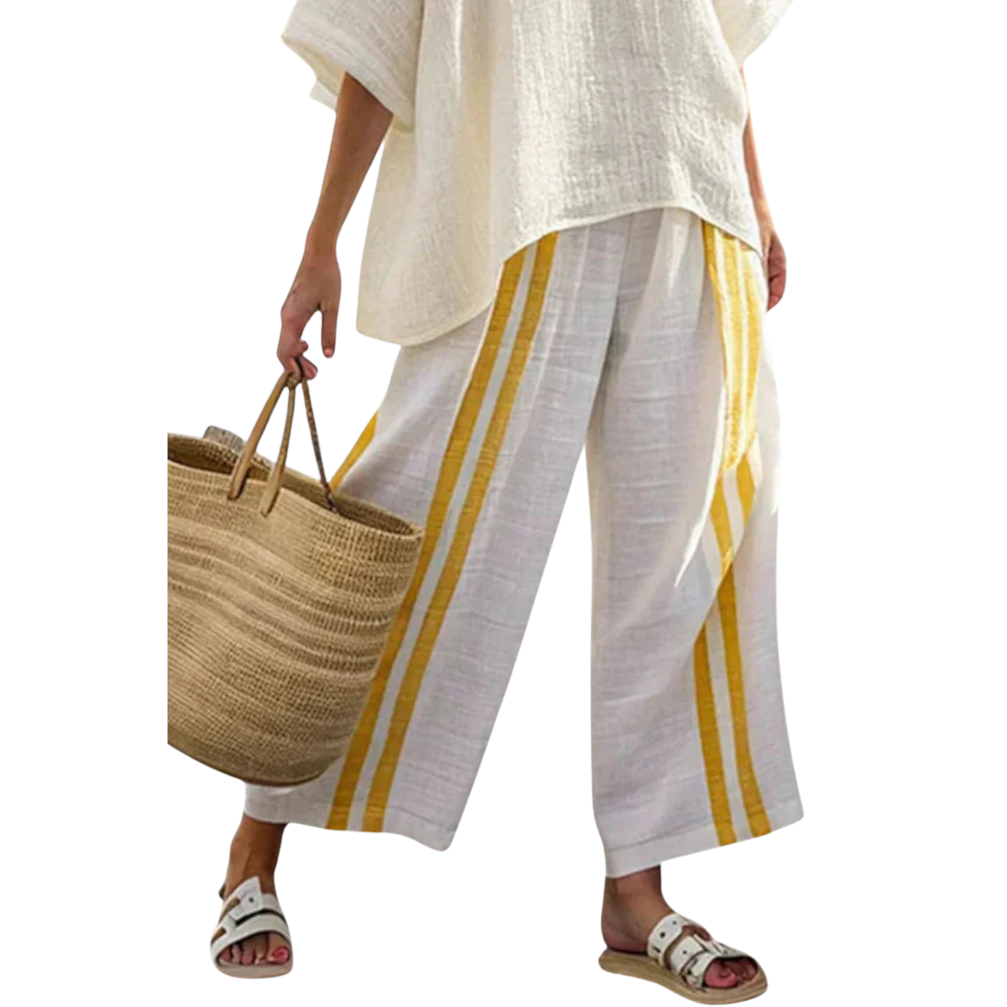 איילה | טופ פשתן פסים צהובים אלגנטי ומכנסיים רחבים