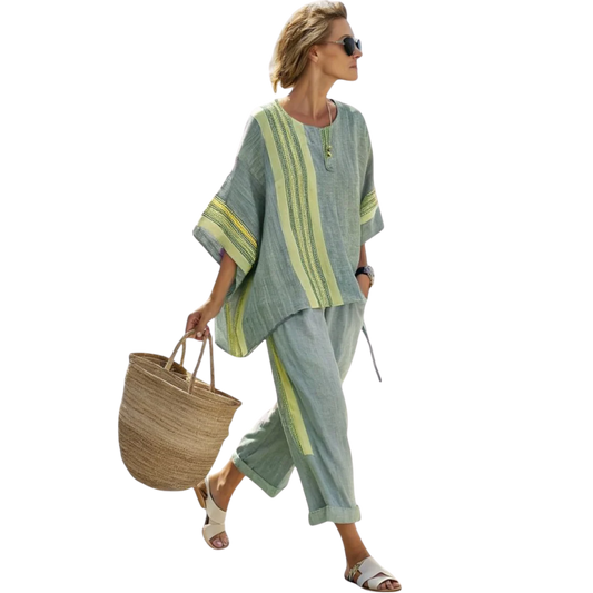 רוני | סט אלגנטי עם טופ לבנדר ומכנסיים פסים חרדליים