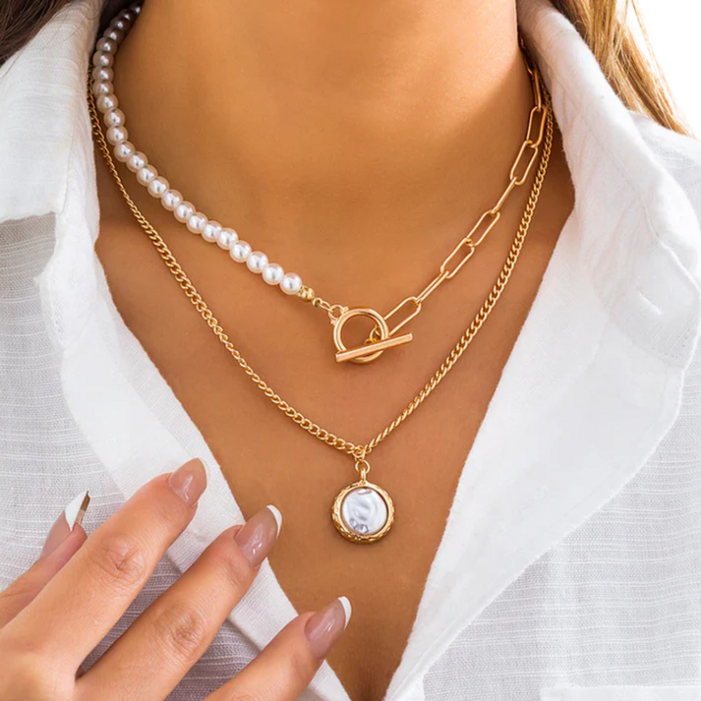 שרשרת פנינים וינטג' בעיצוב רב-שכבתי