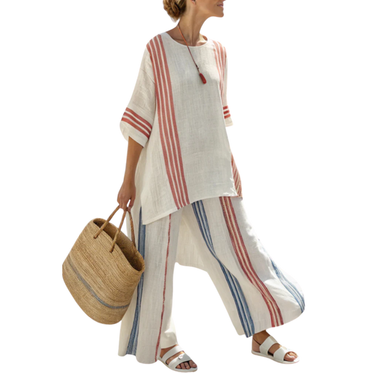 ליאן | טופ אלגנטי עם פסים צבעוניים ומכנסי ים-תיכוני