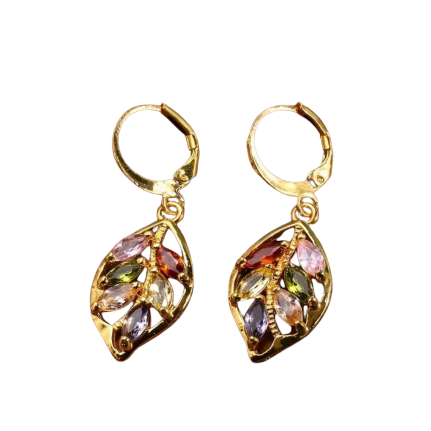 עגילי עלה מוזהבים וינטג' עם זירקוניה צבעונית