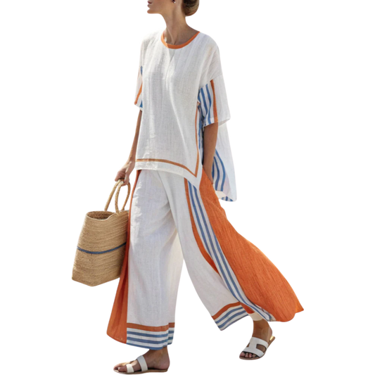 אלינה | מכנסיים רחבים עם פסים וחולצת פשתן קלילה