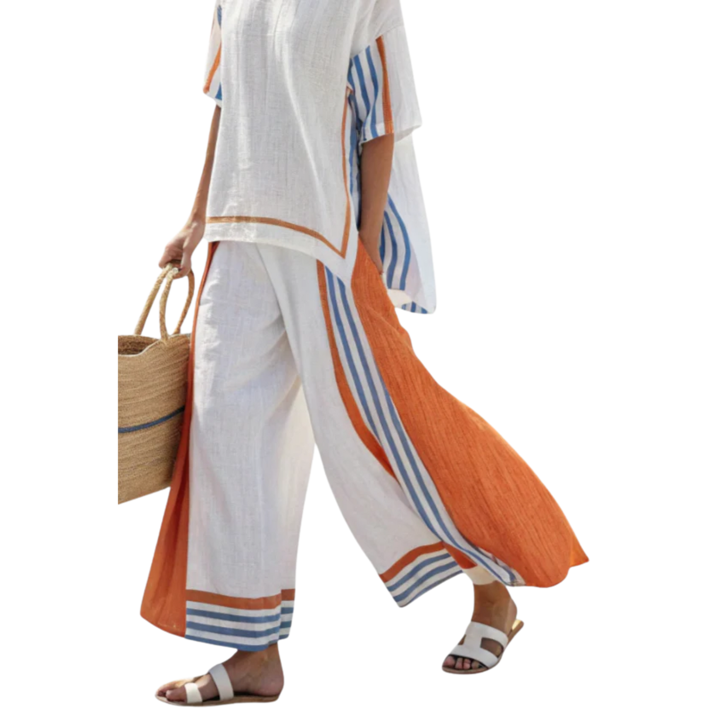 אלינה | מכנסיים רחבים עם פסים וחולצת פשתן קלילה