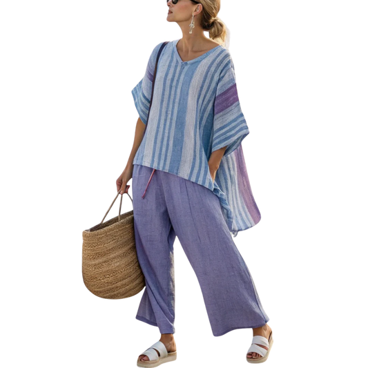 טליה | סט אלגנטי בצבעי לבנדר וכחול שמיים עם מכנסי פשתן