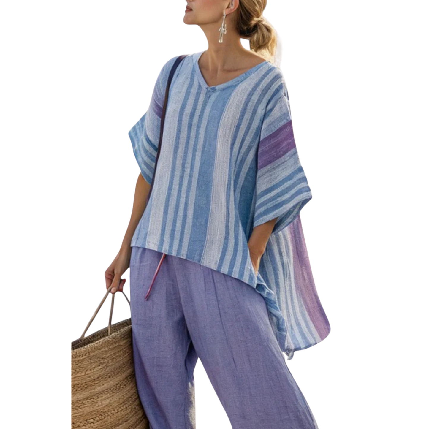 טליה | סט אלגנטי בצבעי לבנדר וכחול שמיים עם מכנסי פשתן