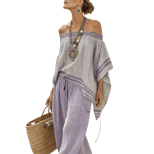 זנדרל | חולצת ברדו קלילה וסט מכנסיים רחבי רגליים מפוספסים