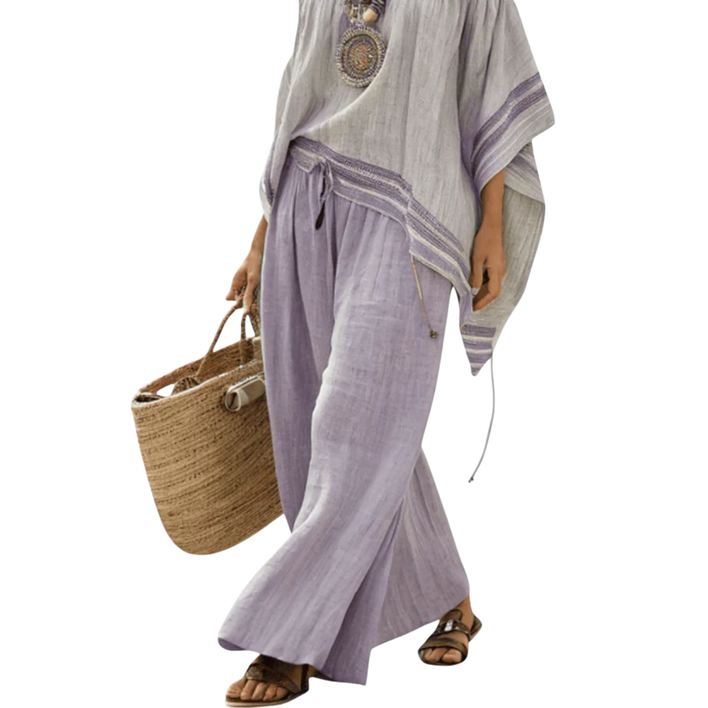 זנדרל | חולצת ברדו קלילה וסט מכנסיים רחבי רגליים מפוספסים