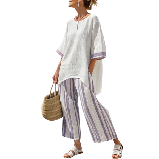 לוקסמיר | חולצת אלגנטיות אוורירית ומכנסי במבוק מפוספסים