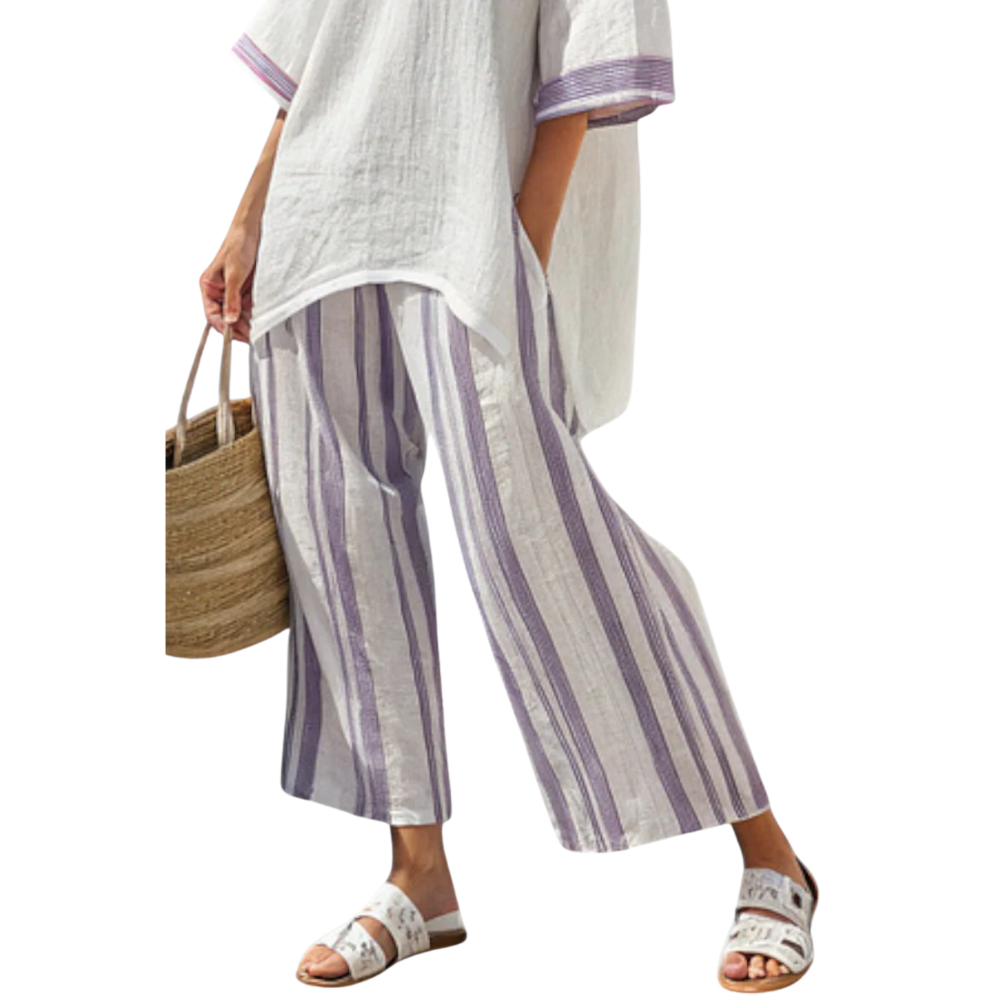 לוקסמיר | חולצת אלגנטיות אוורירית ומכנסי במבוק מפוספסים