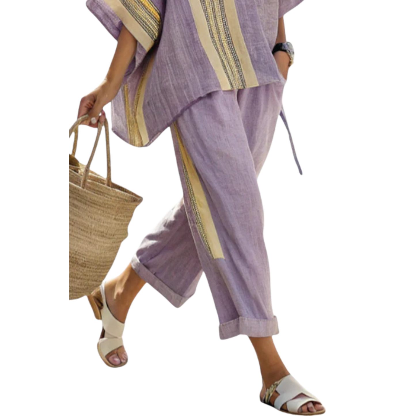 רוני | סט אלגנטי עם טופ לבנדר ומכנסיים פסים חרדליים