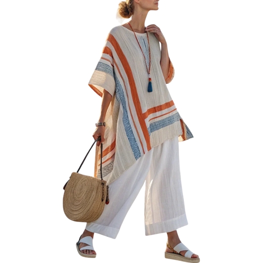 קייבן | חולצת דרייפ מודרנית וסט מכנסי פשתן רחבי רגליים