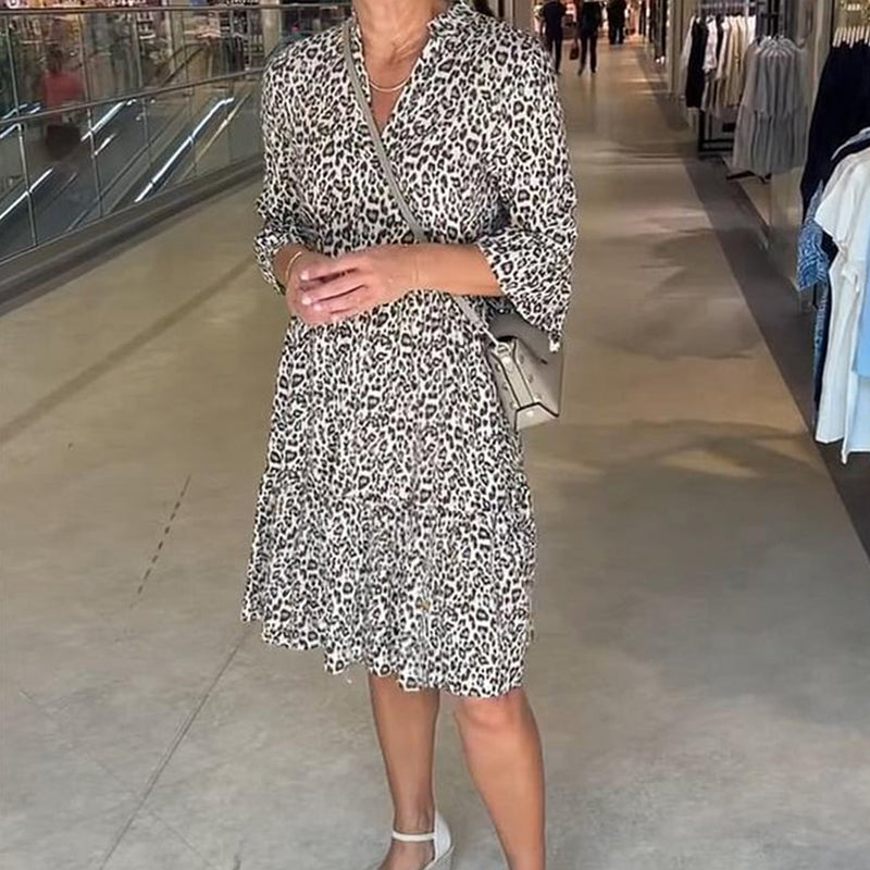 שמלה אופנתית עם הדפס נמר וצווארון וי לנשים בגזרה רחבה