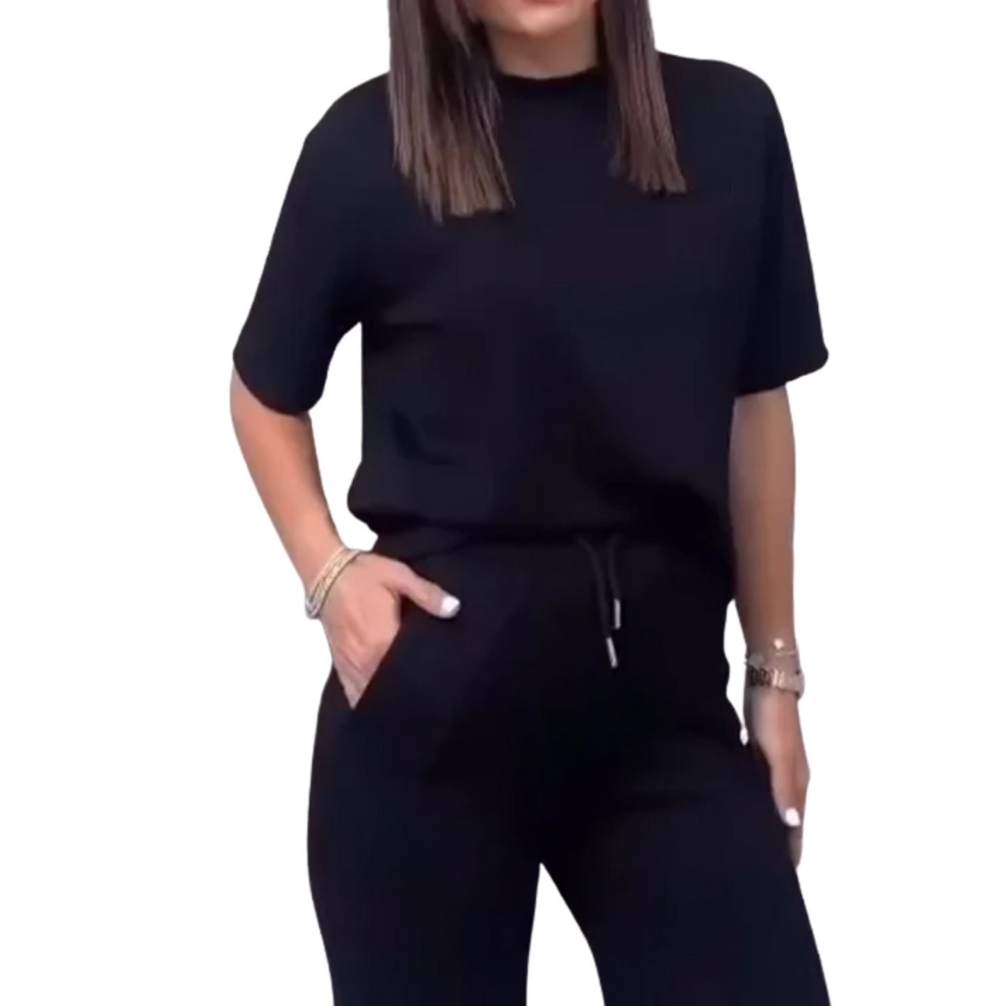 סט תואם אלגנטי עם שרוולים קצרים בגוון אחיד