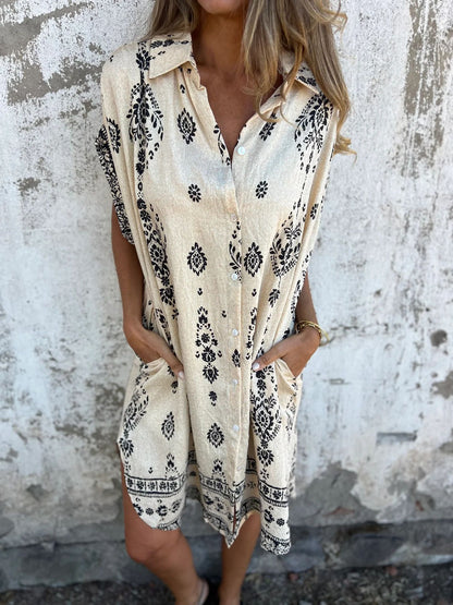 Printed Sleeveless Beach Shirt Dress – Linen Blend