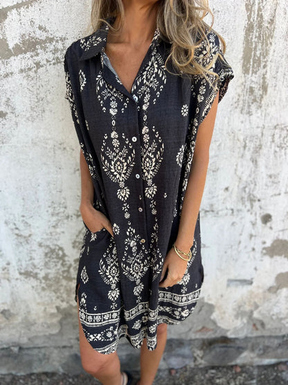 Printed Sleeveless Beach Shirt Dress – Linen Blend