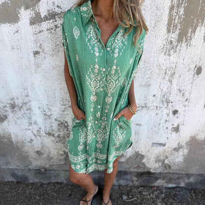 Printed Sleeveless Beach Shirt Dress – Linen Blend