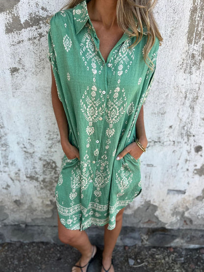 Printed Sleeveless Beach Shirt Dress – Linen Blend
