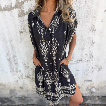 Printed Sleeveless Beach Shirt Dress – Linen Blend
